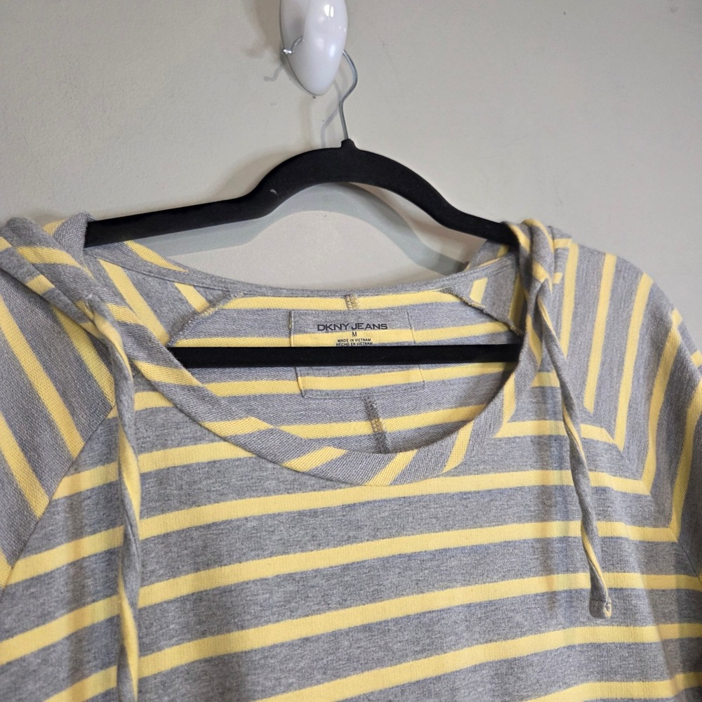 DKNY Jeans Hoodie Womens Medium Grey Yellow Striped Cotton Pullover Sweatshirt